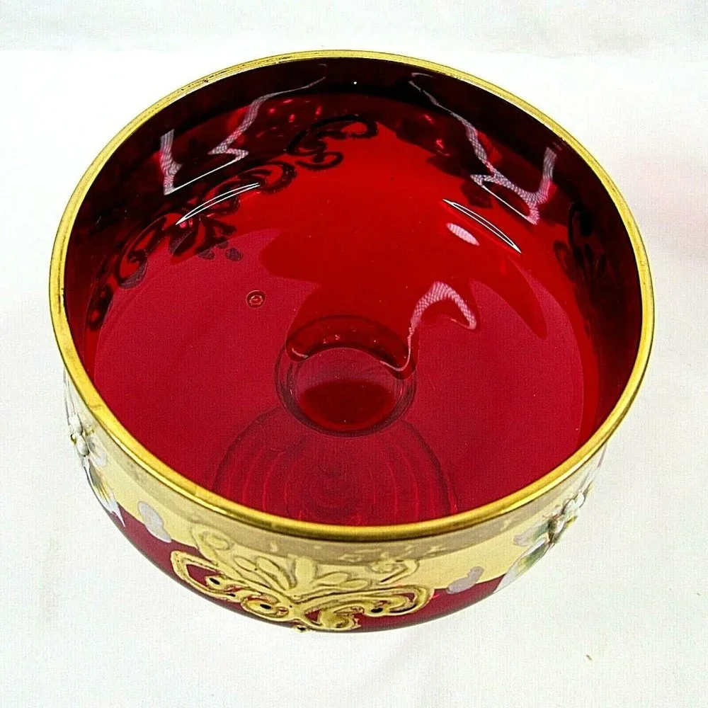 Vintage Bohemian Crystal Ruby Red Wine Glass Floral CAM Stem Set of 2